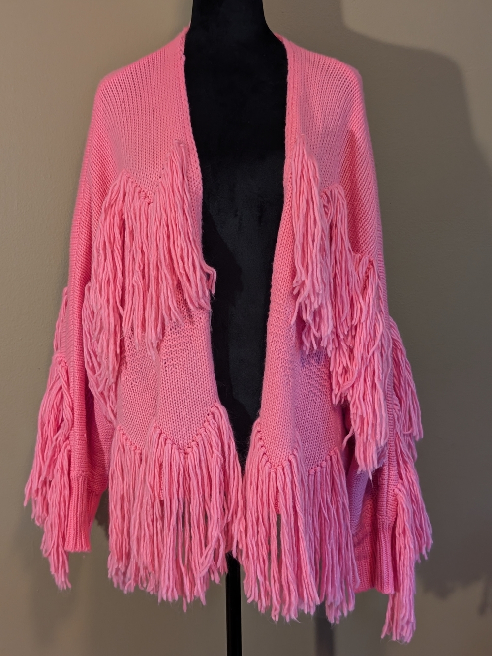 Bubblegum Pink Fringe Open-Front Women's Sweater Cardigan. Sz Med.
